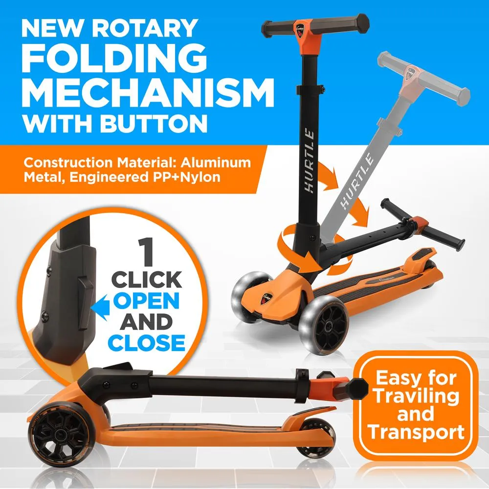3-Wheel Foldable Kids Scooter - Child Toy Scooter With Built-In Led Wheel Lights, Easy Maneuvering Lean-To-Steer Technology (Orange)