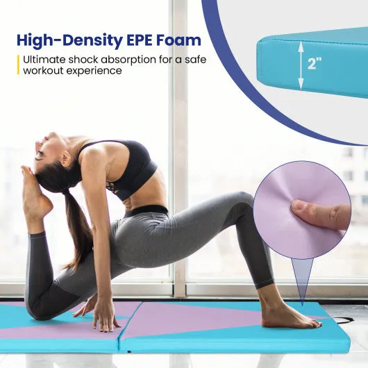 4-Panel PU Leather Folding Exercise Gym Mat with Hook and Loop Fasteners-Pink & Blue