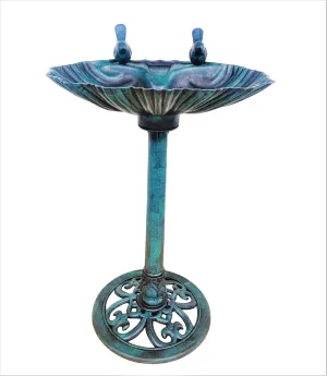 Birdbath Bronze 32" Height Pedestal Bird Bath Antique Outdoor Garden Decor Vintage Yard Art Resin Fleur de lis Accents Sparrow Statues