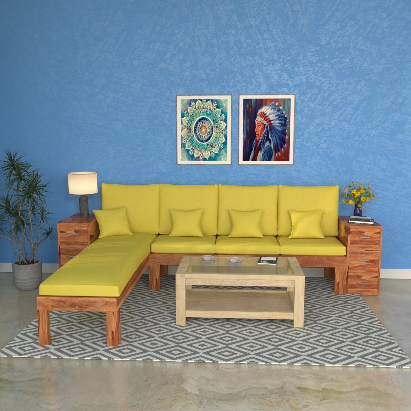 Bumblebere Yellow 6 Seater Long Wooden Premium Guest Sofa