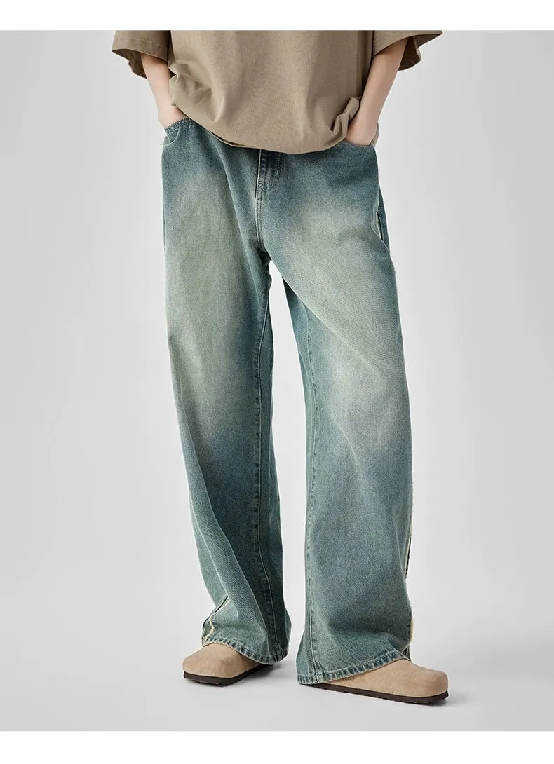 Casual Wide-Leg Denim Jeans With Distressed Wash And Frayed Hem