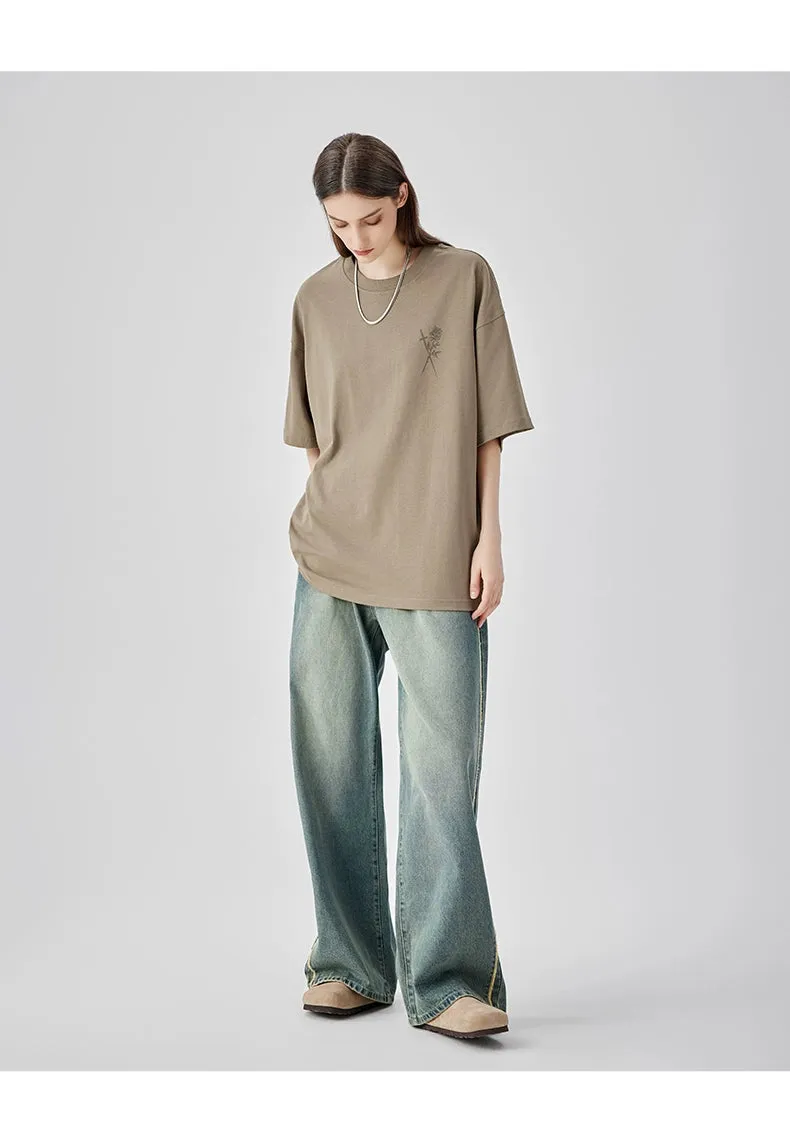 Casual Wide-Leg Denim Jeans With Distressed Wash And Frayed Hem
