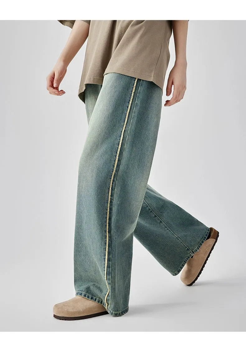Casual Wide-Leg Denim Jeans With Distressed Wash And Frayed Hem