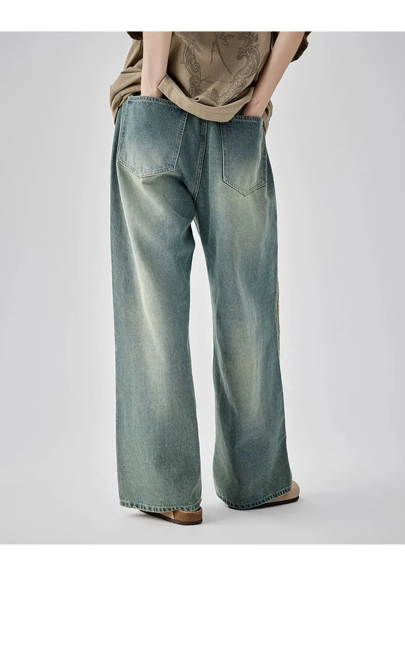 Casual Wide-Leg Denim Jeans With Distressed Wash And Frayed Hem