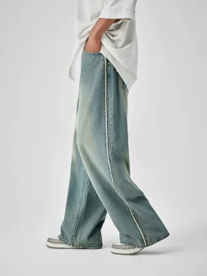 Casual Wide-Leg Denim Jeans With Distressed Wash And Frayed Hem
