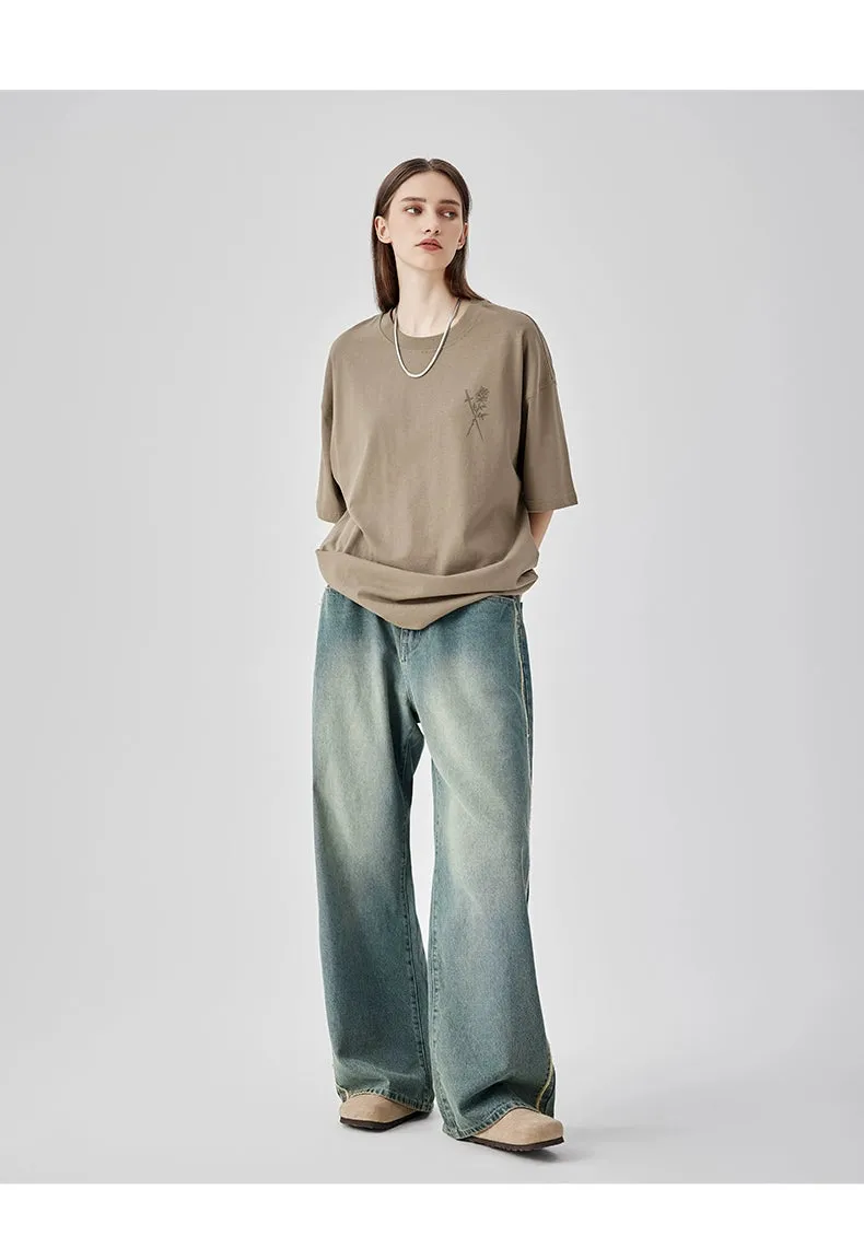Casual Wide-Leg Denim Jeans With Distressed Wash And Frayed Hem