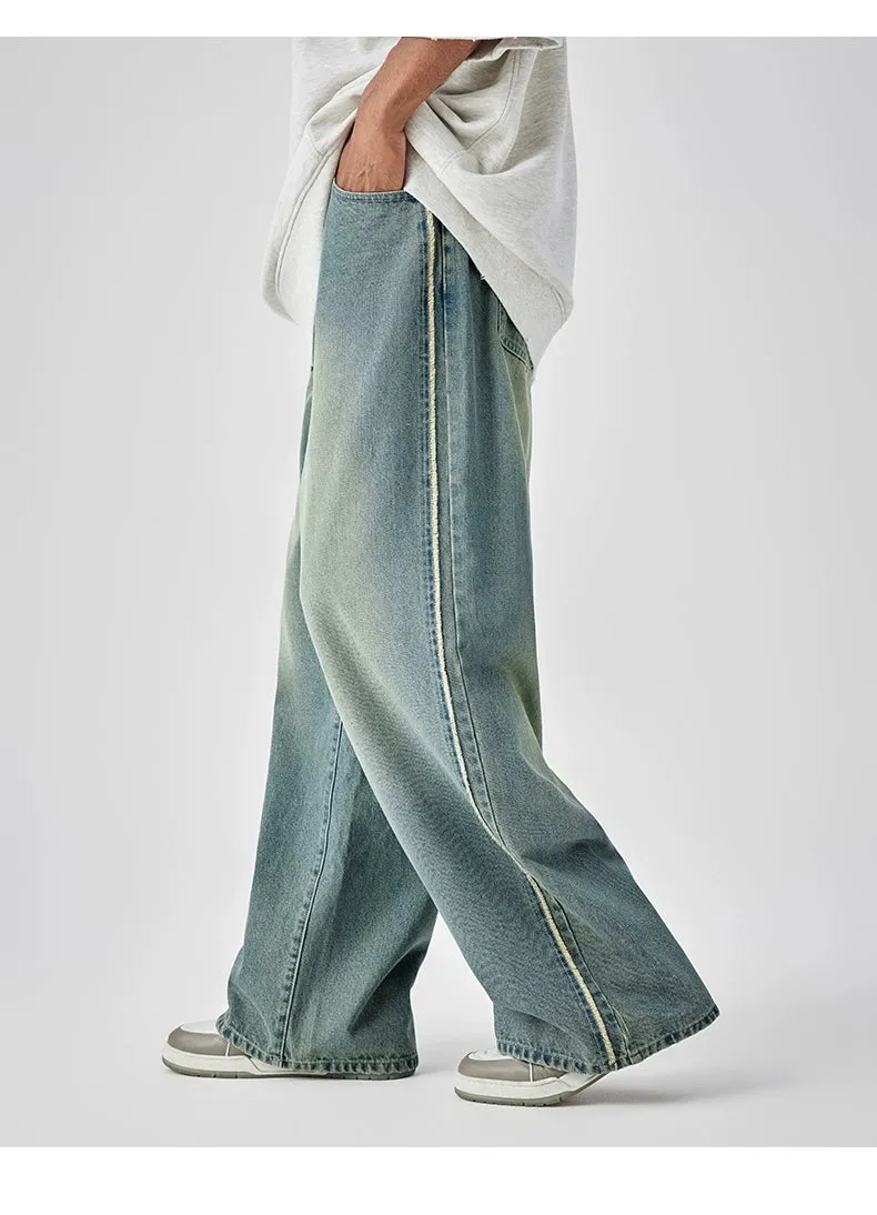 Casual Wide-Leg Denim Jeans With Distressed Wash And Frayed Hem