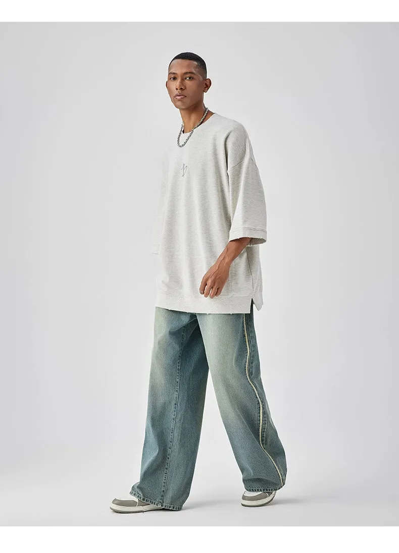 Casual Wide-Leg Denim Jeans With Distressed Wash And Frayed Hem