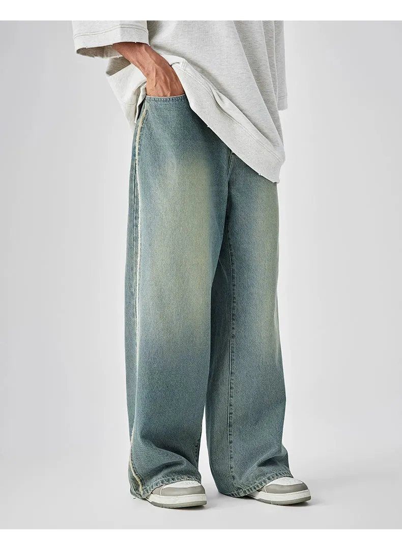 Casual Wide-Leg Denim Jeans With Distressed Wash And Frayed Hem