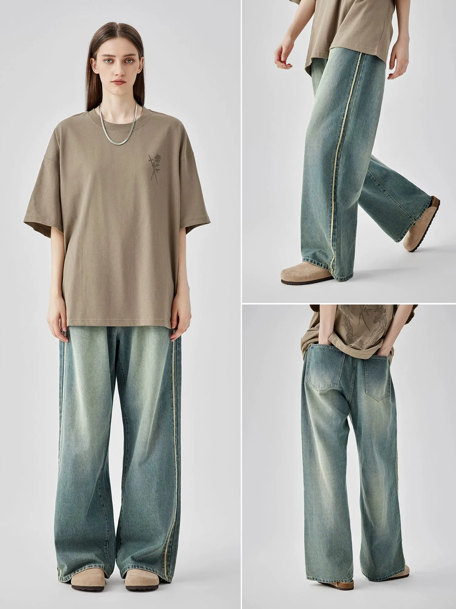 Casual Wide-Leg Denim Jeans With Distressed Wash And Frayed Hem
