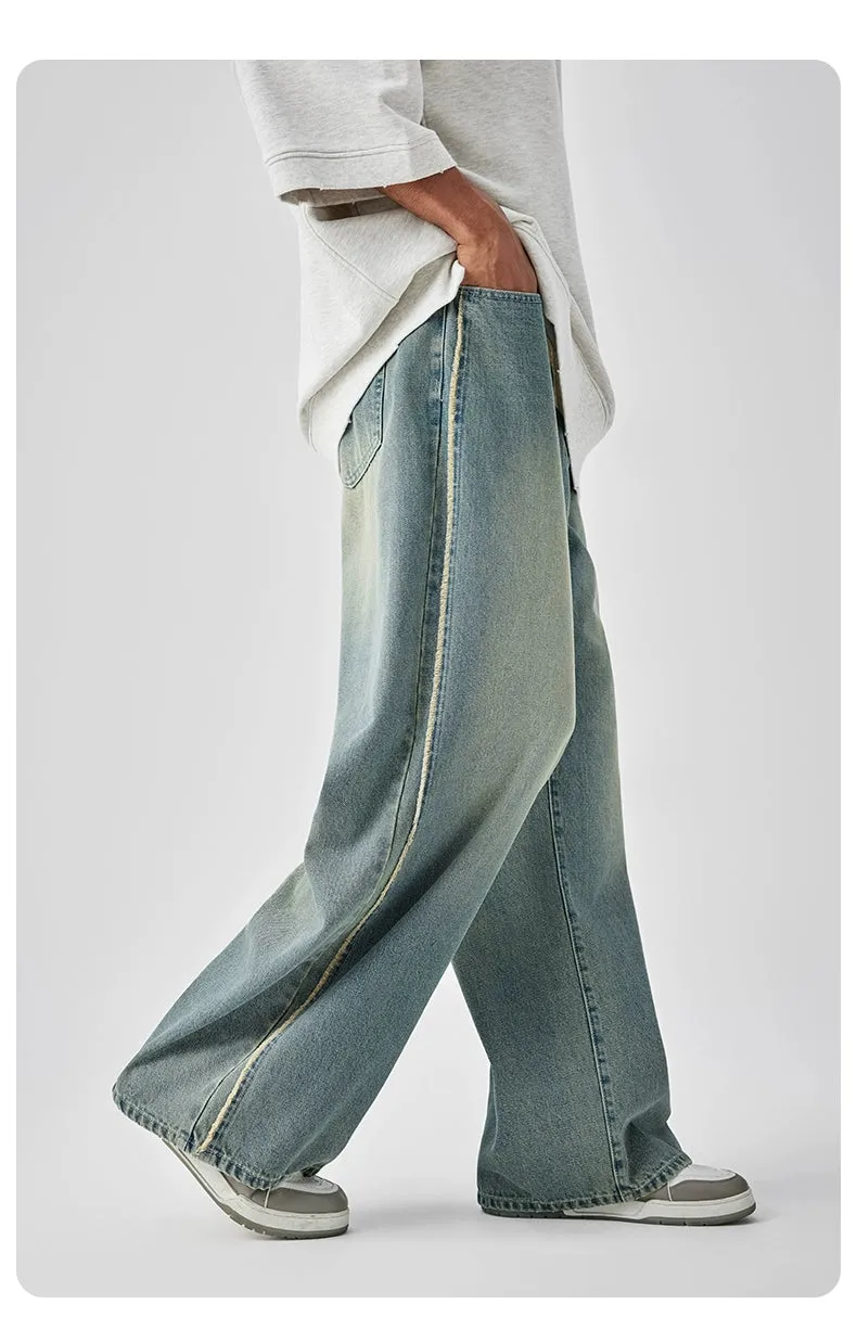 Casual Wide-Leg Denim Jeans With Distressed Wash And Frayed Hem