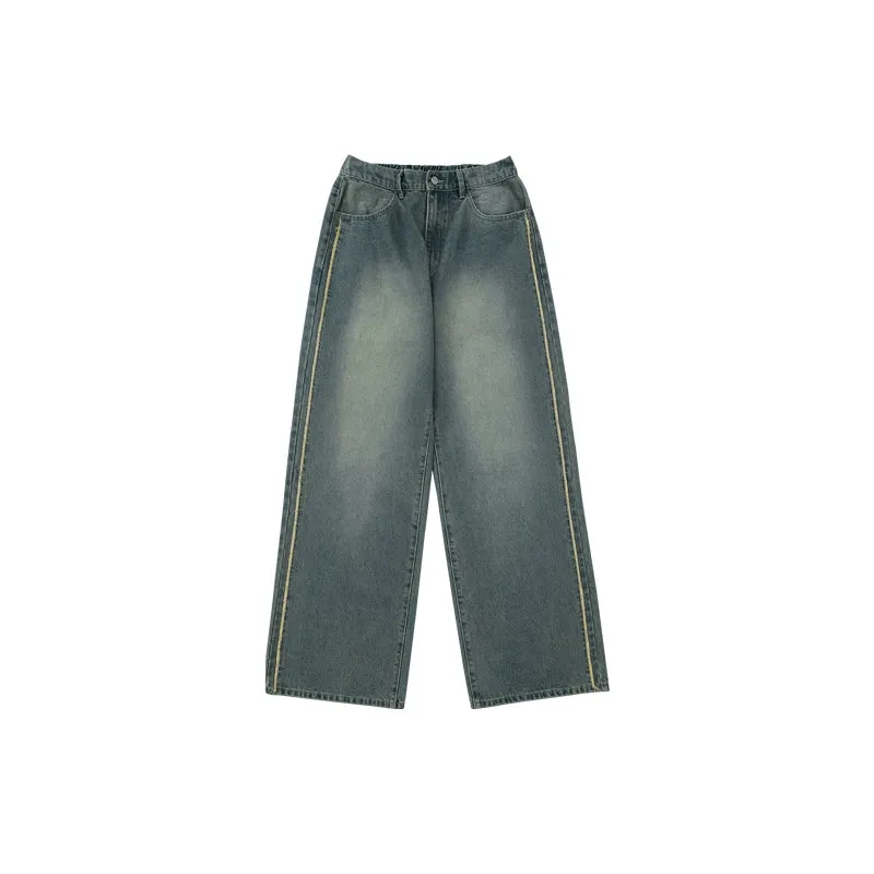 Casual Wide-Leg Denim Jeans With Distressed Wash And Frayed Hem