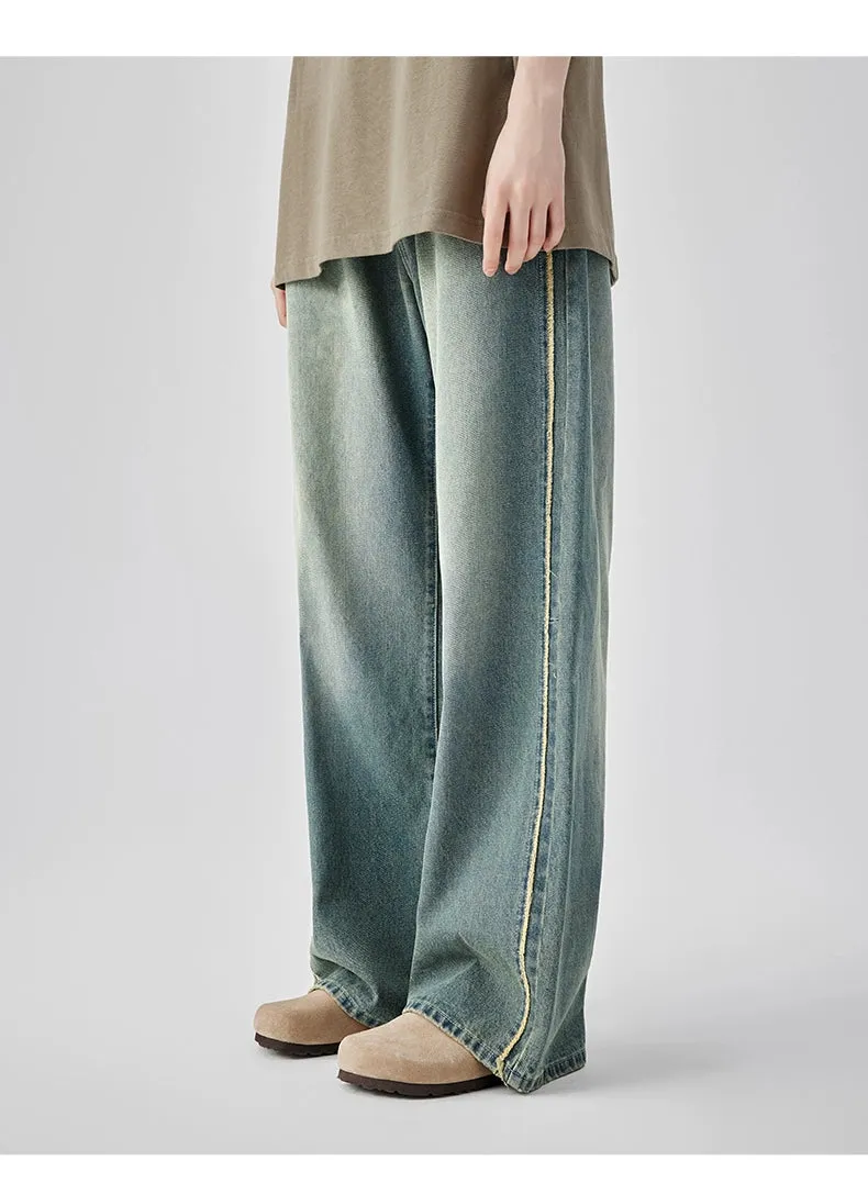 Casual Wide-Leg Denim Jeans With Distressed Wash And Frayed Hem