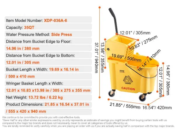 Commercial Mop Bucket With Side Press Wringer For Professional Industrial Floor Cleaning