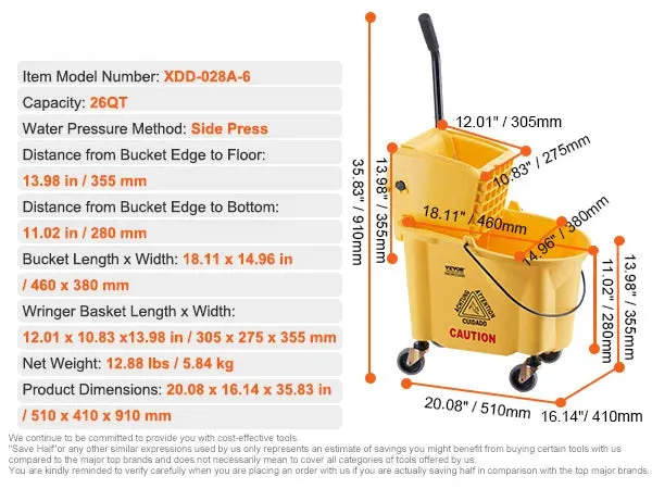 Commercial Mop Bucket With Side Press Wringer For Professional Industrial Floor Cleaning