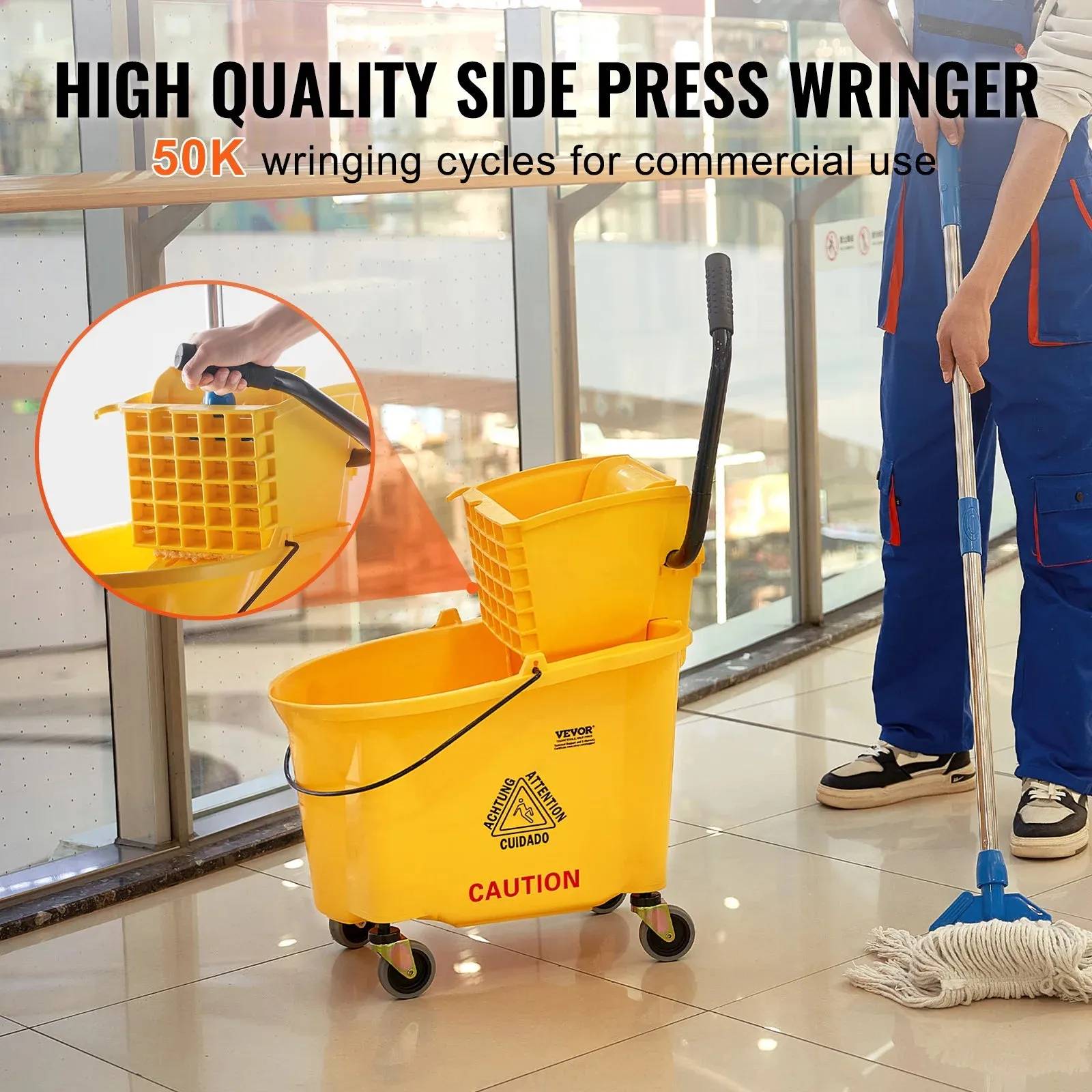 Commercial Mop Bucket With Side Press Wringer For Professional Industrial Floor Cleaning