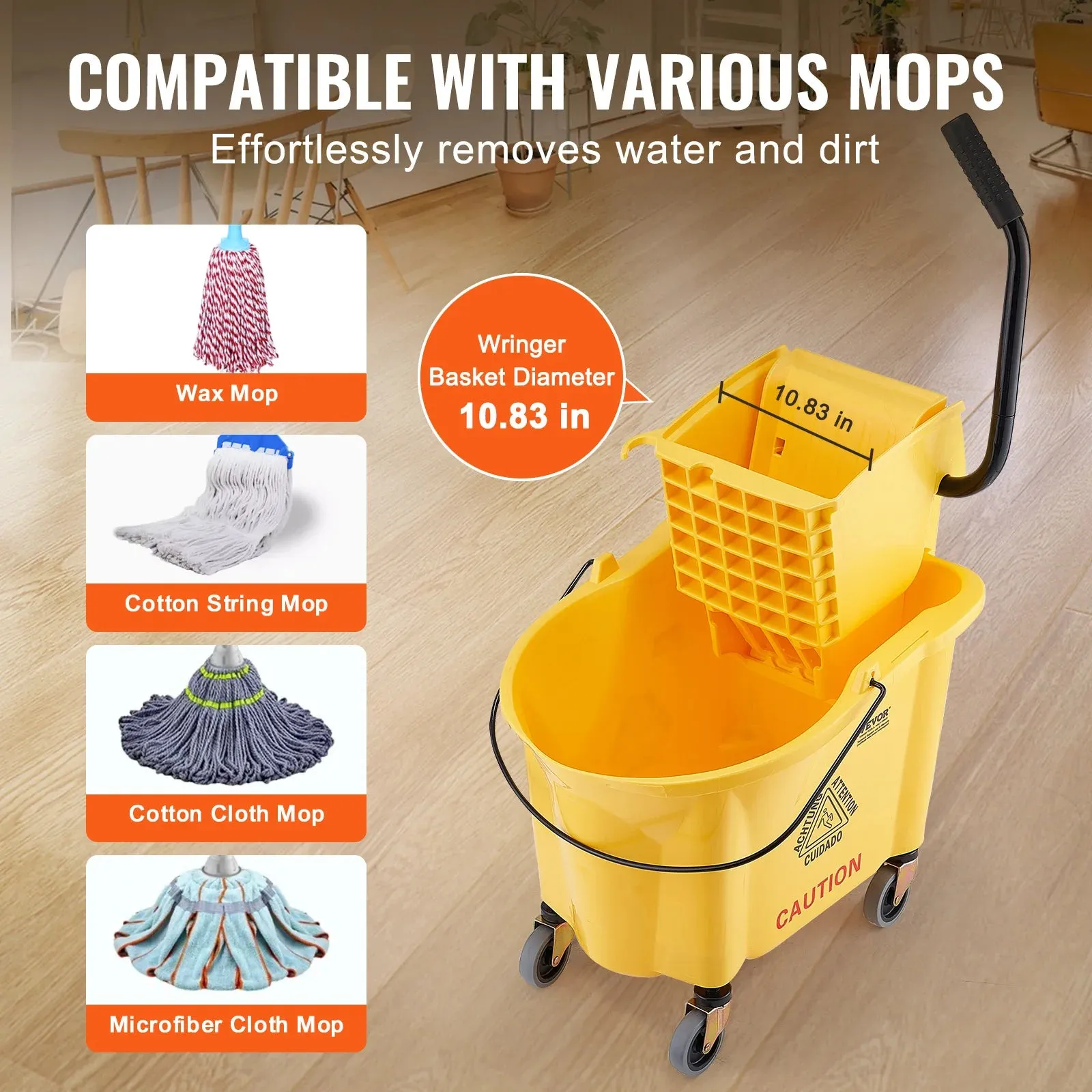 Commercial Mop Bucket With Side Press Wringer For Professional Industrial Floor Cleaning