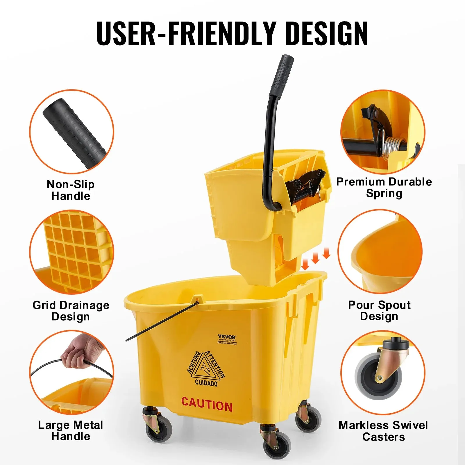 Commercial Mop Bucket With Side Press Wringer For Professional Industrial Floor Cleaning