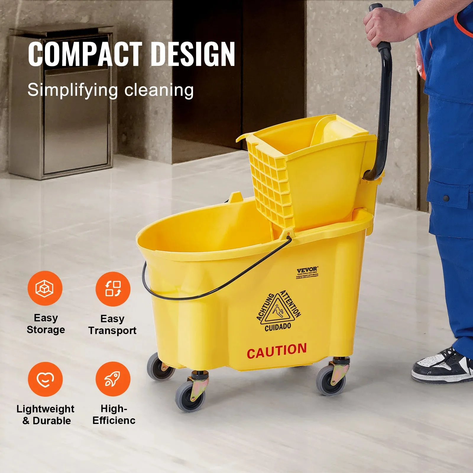 Commercial Mop Bucket With Side Press Wringer For Professional Industrial Floor Cleaning