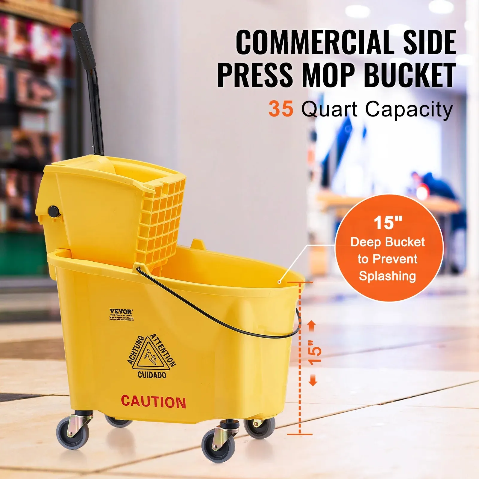 Commercial Mop Bucket With Side Press Wringer For Professional Industrial Floor Cleaning