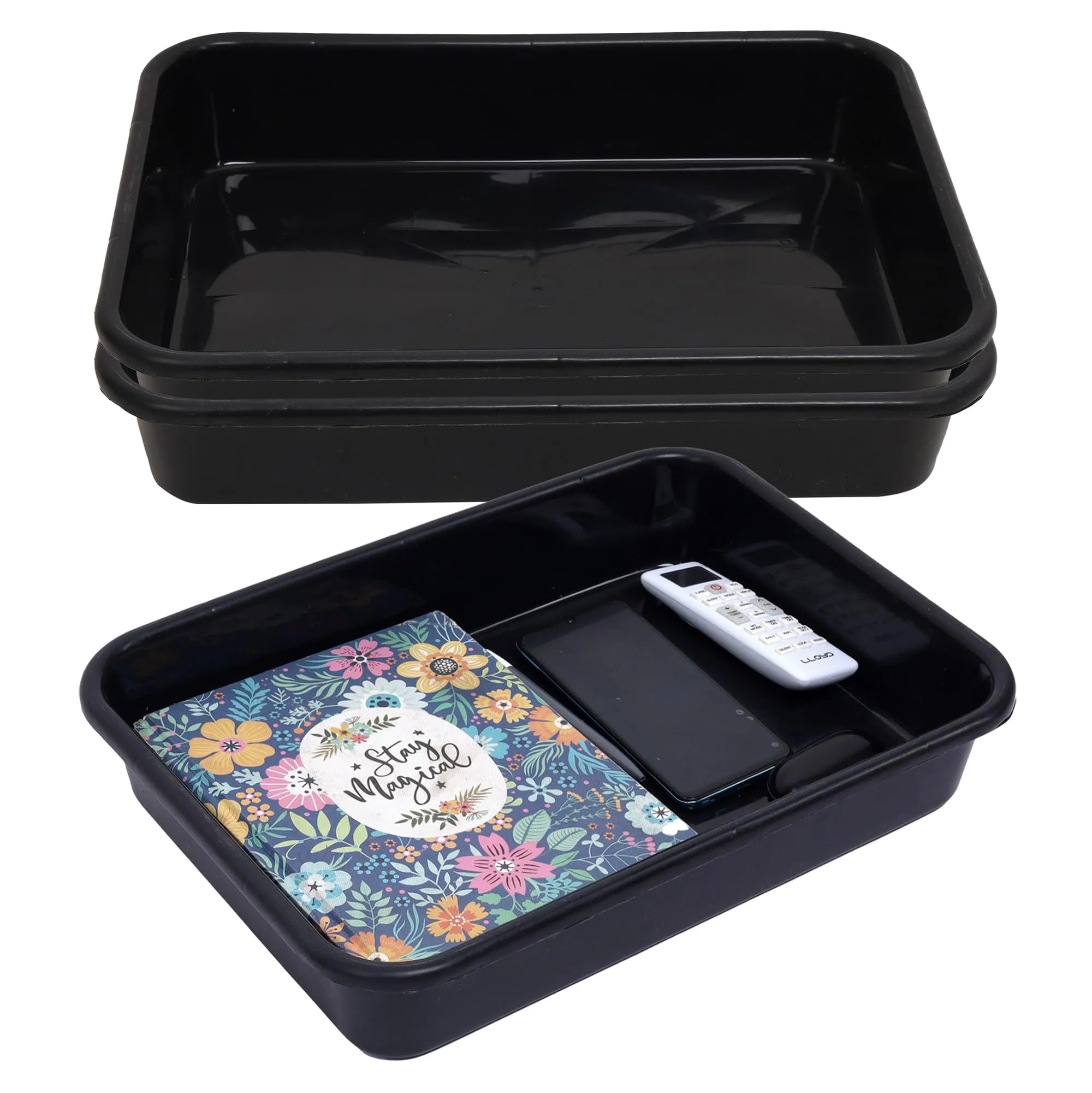 Heart Home Storage Tray | Versatile Plastic Stationery Tray for Desk | Tray for Kitchen Counter | File | Document Storage Tray for office Use | Exel Tray Large | Pack of 3 | Black