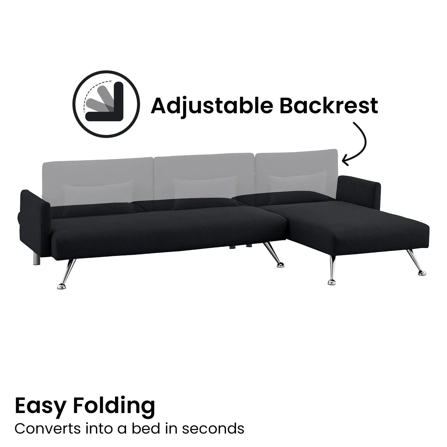 Merritt 3-Seater Chaise Sofa Bed with 3 Pillows - Black
