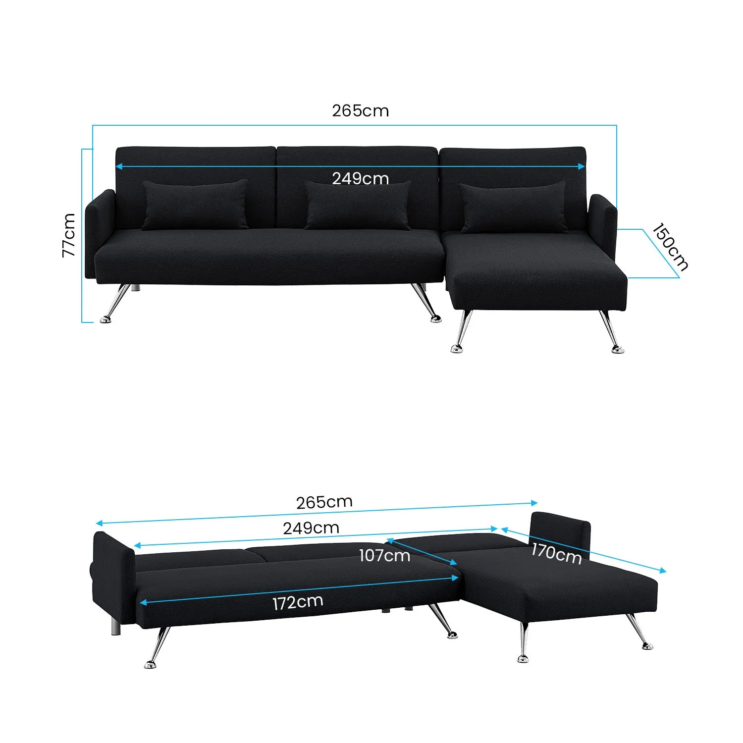 Merritt 3-Seater Chaise Sofa Bed with 3 Pillows - Black
