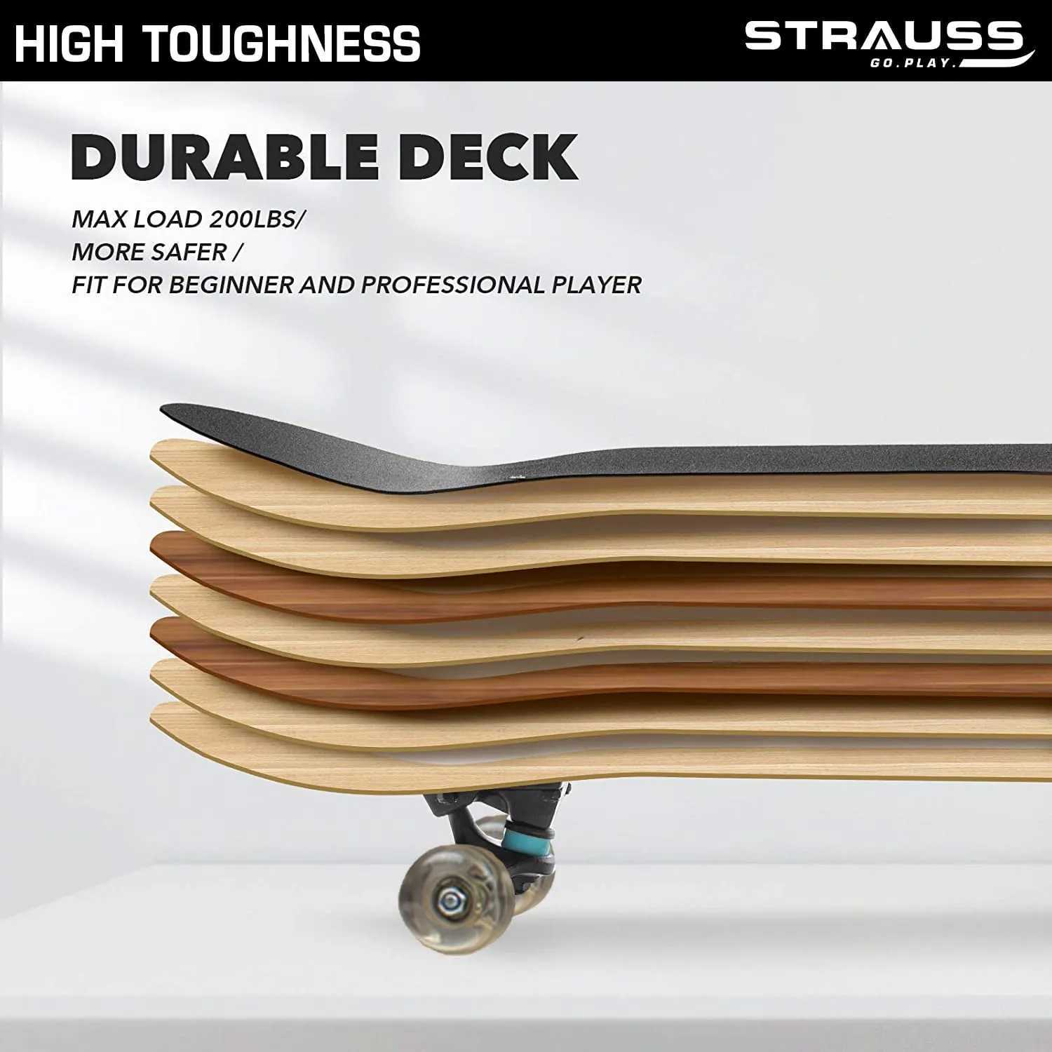 Strauss Bronx YB Lightweight Skateboard with Unique Graphics|31 X 8 Inches with 8 Layer Maple Deck with High Density & Non-Slip Waterproof Grip Tape|2 inch PU Wheels|Smooth Ride|for 8 Years and above
