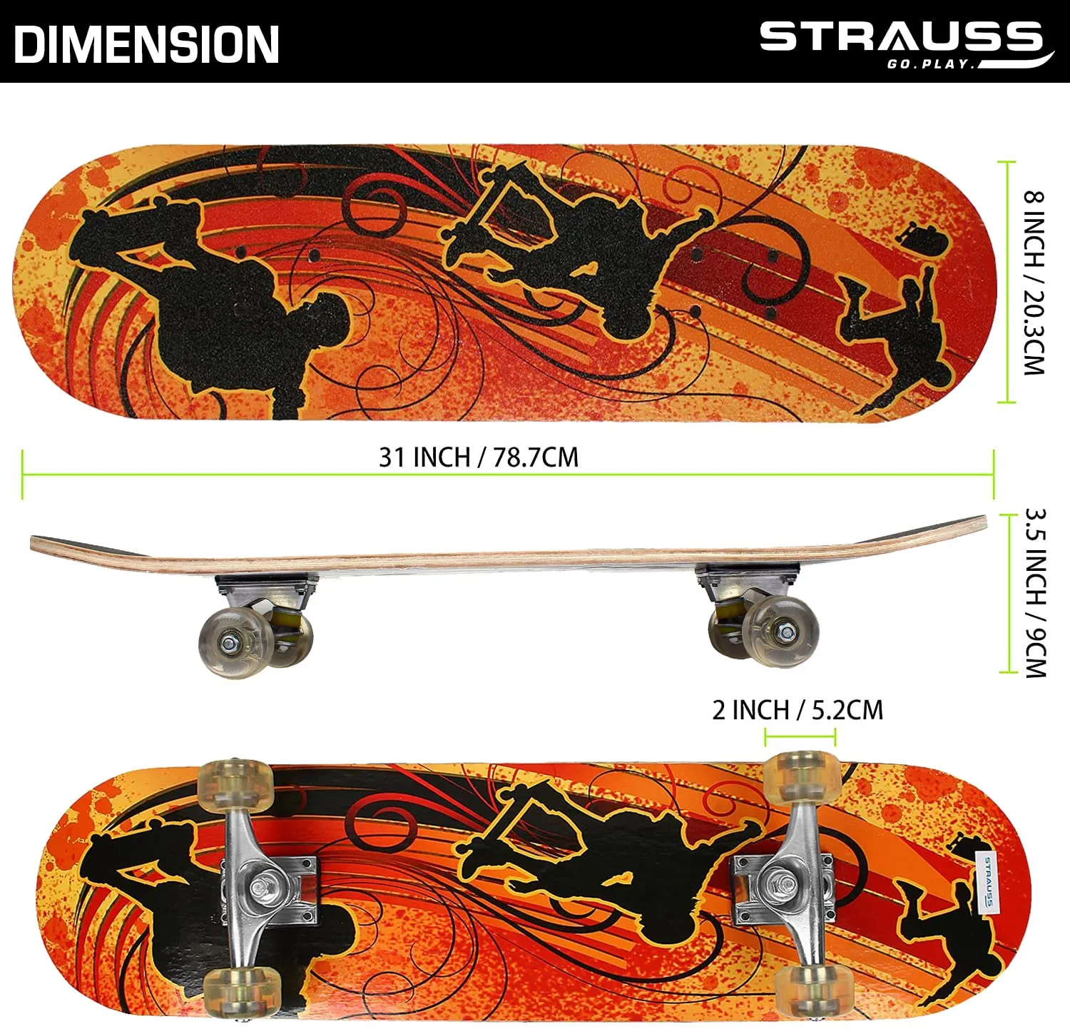 Strauss Bronx YB Lightweight Skateboard with Unique Graphics|31 X 8 Inches with 8 Layer Maple Deck with High Density & Non-Slip Waterproof Grip Tape|2 inch PU Wheels|Smooth Ride|for 8 Years and above