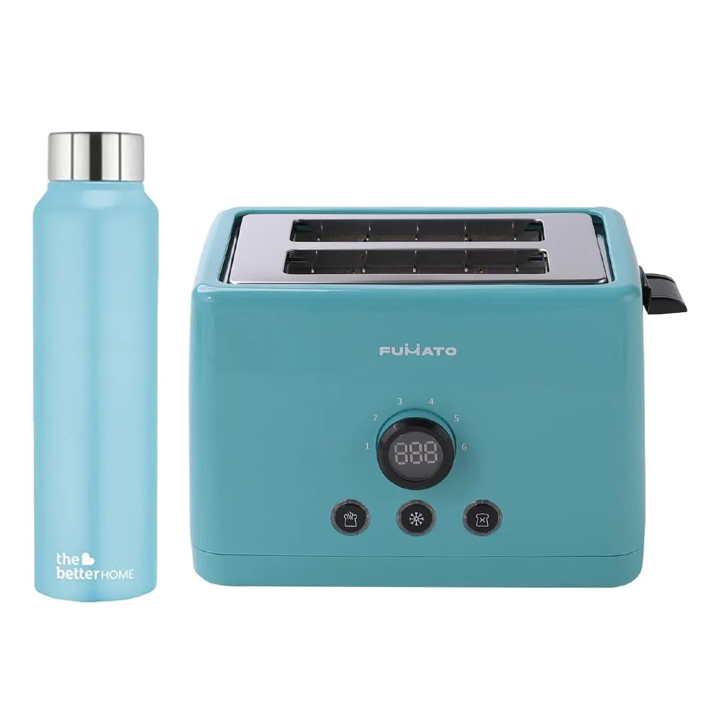 The Better Home FUMATO 1000 Watt 2 Slice Pop-up Toastmate Toaster & Stainless Steel Water Bottle 1 Litre Blue