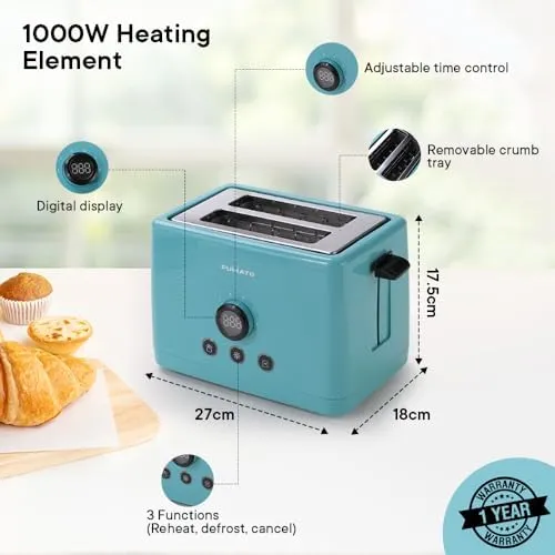 The Better Home FUMATO 1000 Watt 2 Slice Pop-up Toastmate Toaster & Stainless Steel Water Bottle 1 Litre Blue