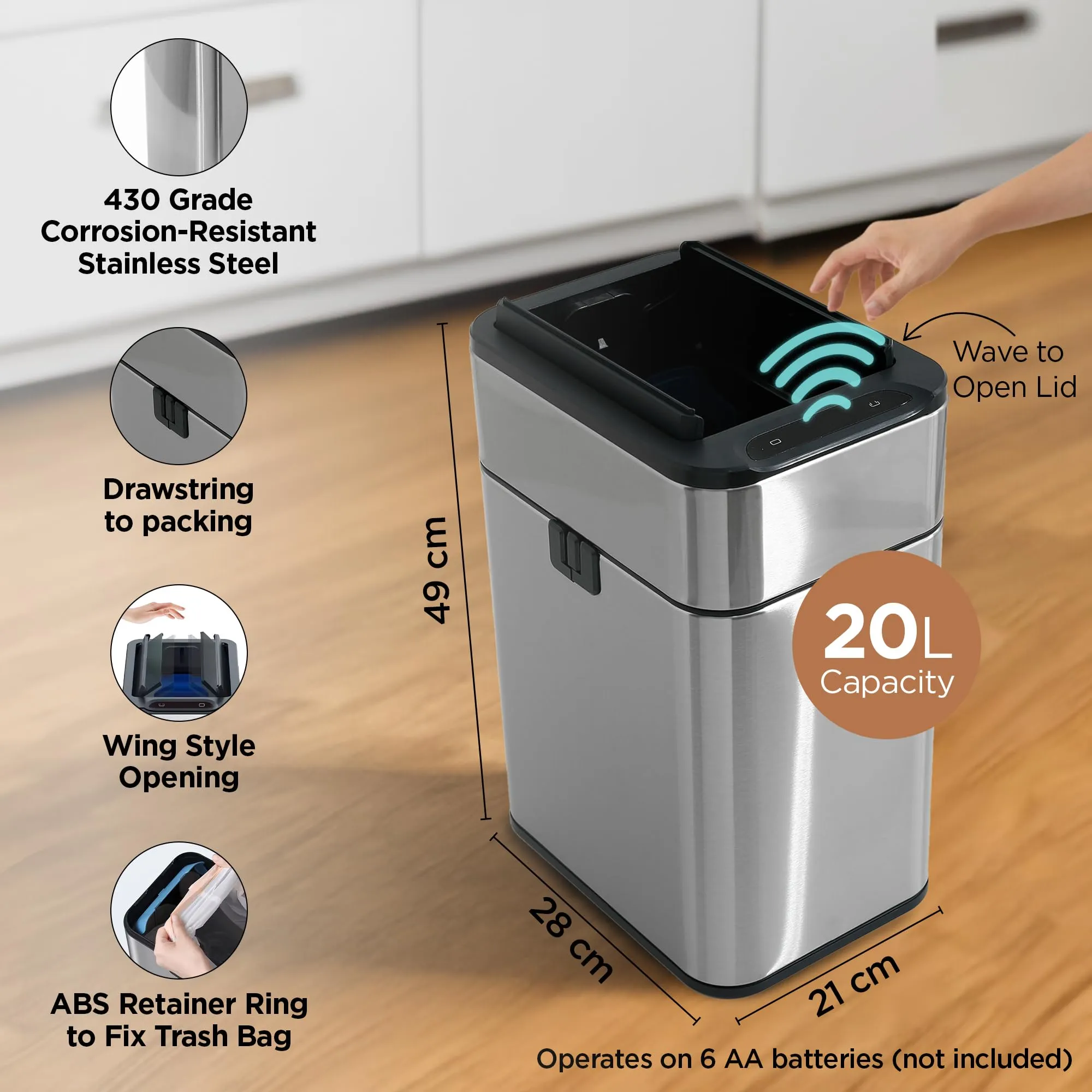 UMAI 20L Stainless Steel Dustbin For Kitchen With Lid | Motion Sensor Dustbin | Waterproof Dustbin For Bathroom | Waste Bin For Kitchen | Soft Close Lid- Silver
